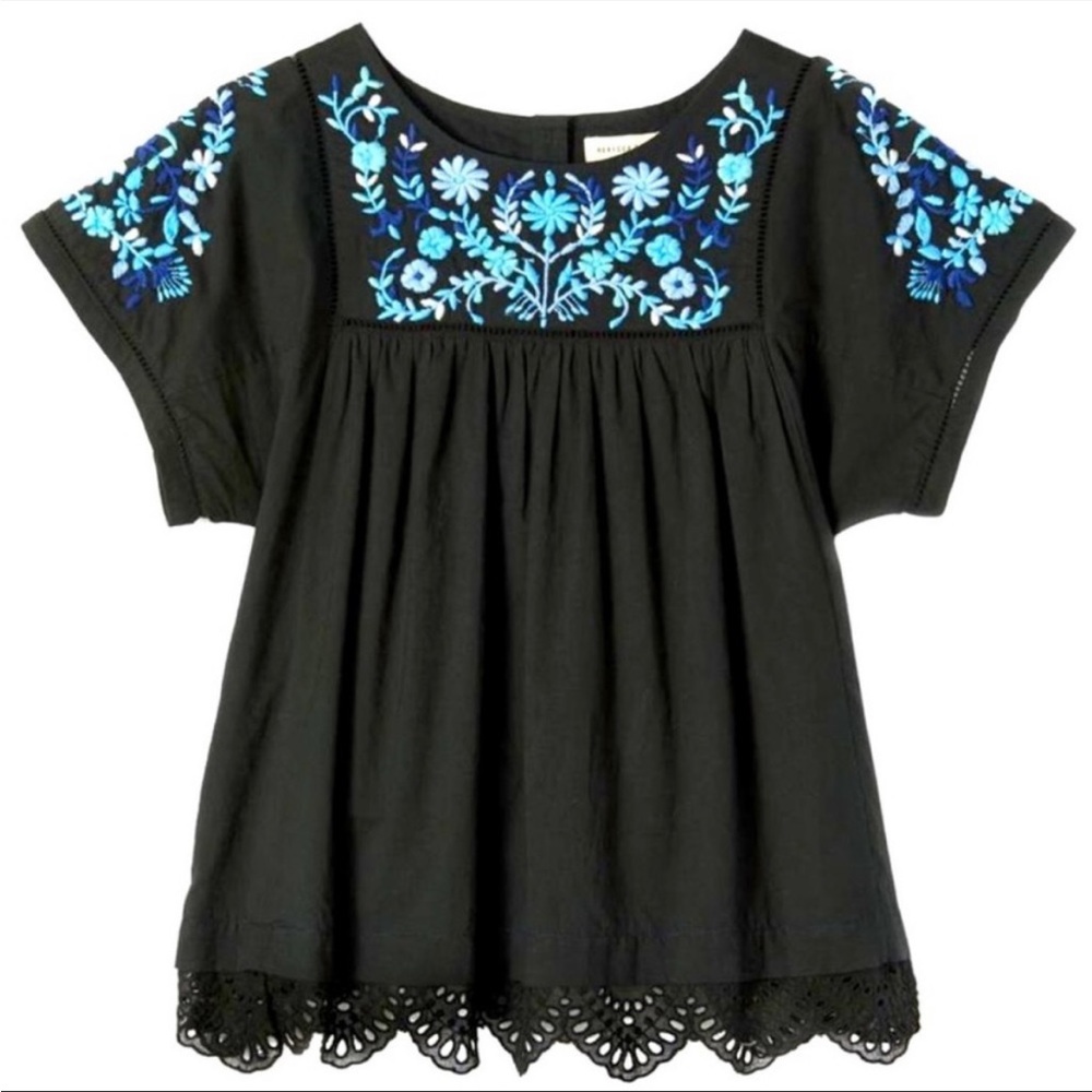 Rebecca Taylor Folk Garden Peasant Top Size S 2 Embroidered Floral Black Eyelet